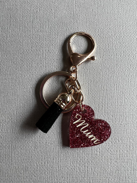 Mum Heart Keyring Pink Glitter - CHOOSE TEXT COLOUR