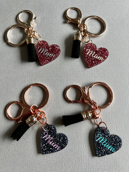 Mum Heart Keyring Pink Glitter - CHOOSE TEXT COLOUR