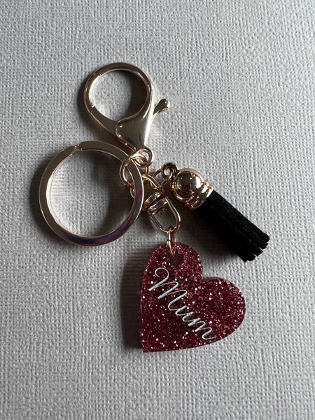 Mum Heart Keyring Pink Glitter - CHOOSE TEXT COLOUR